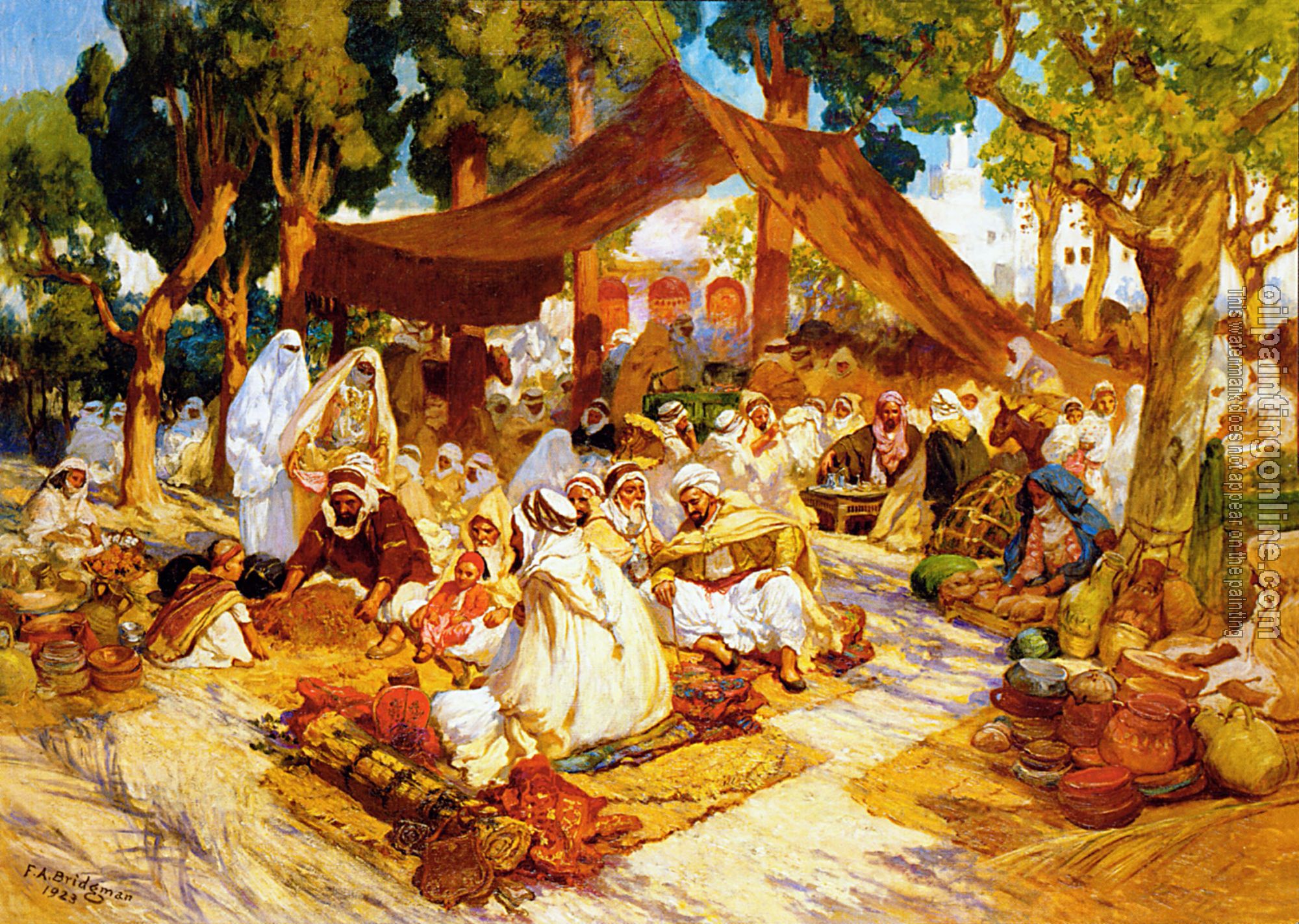 Frederick Arthur Bridgman - An evening gathering at a North-African encampment